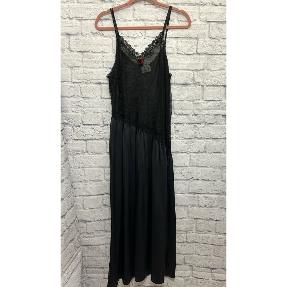 VTG Paramount NY Black Satin Nightgown Black Lace Trim Maxi Slip Dress Size L